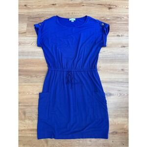 Calvin Klein Womens Blue Drawstring Waist Pocket Knit Dress Size 6 Button Sleeve